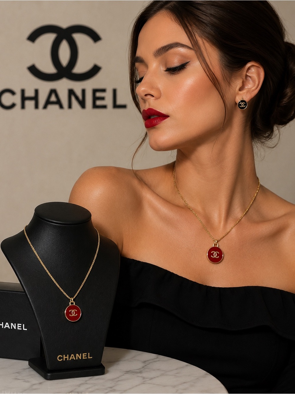 CHANEL Gold-Tone Necklace with Red CC Enamel Pendant